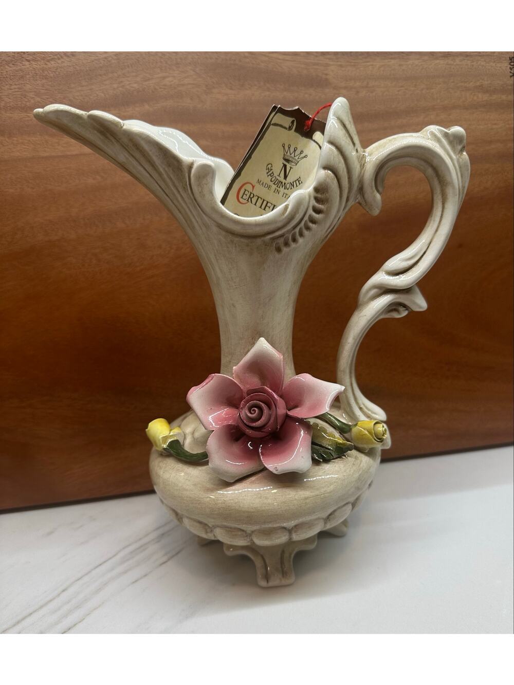 Vintage Italian N Crown Capodimonte Style Cornucopia Ewer Vase Pink Floral w Tag